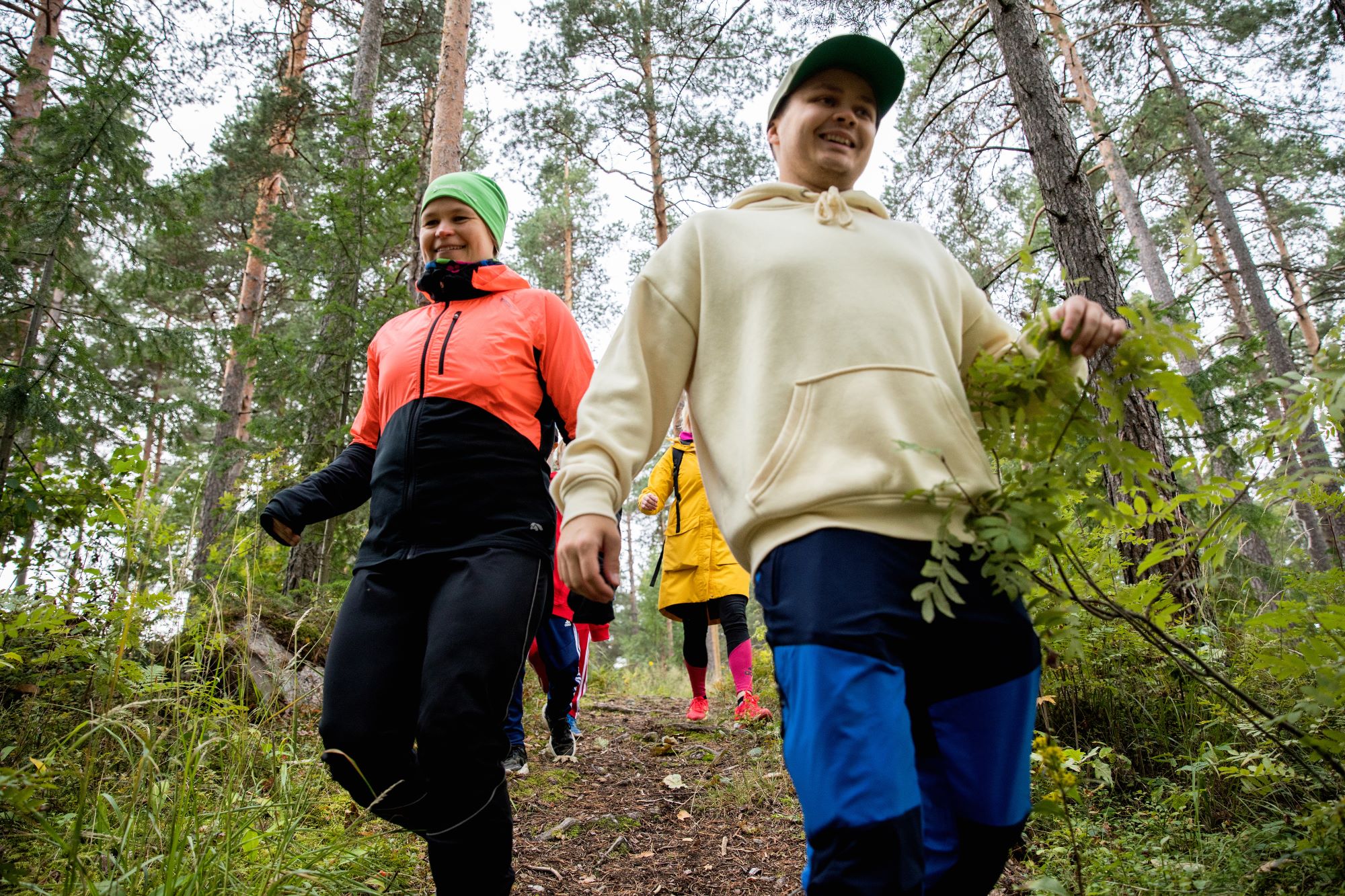 Neljä henkilöä ulkoilemassa metsässä.
